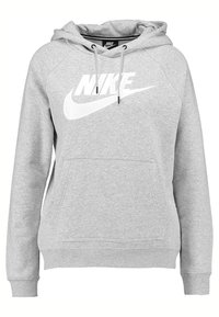 Šedá mikina s kapucí z materiálu smíšeného s bavlnou, s předním kapsou, stahovacími šňůrkami a velkým bílým logem Nike na hrudi.