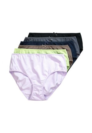 Seks par damestrusser i bomuld i sort, grå, marineblå, brun, lysegrøn og lys lilla, hver med en lille sløjfe på linningen.