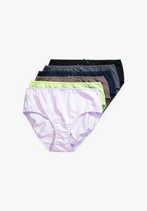 Sechs Damen-Unterhosen aus Baumwolle in Schwarz, Grau, Marineblau, Braun, Hellgrün und Helllila, jeweils mit einer kleinen Schleife am Bund.