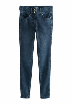 Skinny jeans in dark denim, featuring a high waist, two front pockets, and a zip fly with two metal buttons. Solid fabric with slight texture.