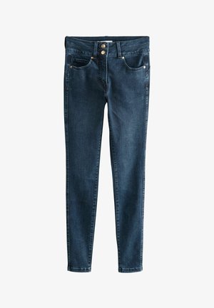 Skinny jeans in dark denim, featuring a high waist, two front pockets, and a zip fly with two metal buttons. Solid fabric with slight texture.