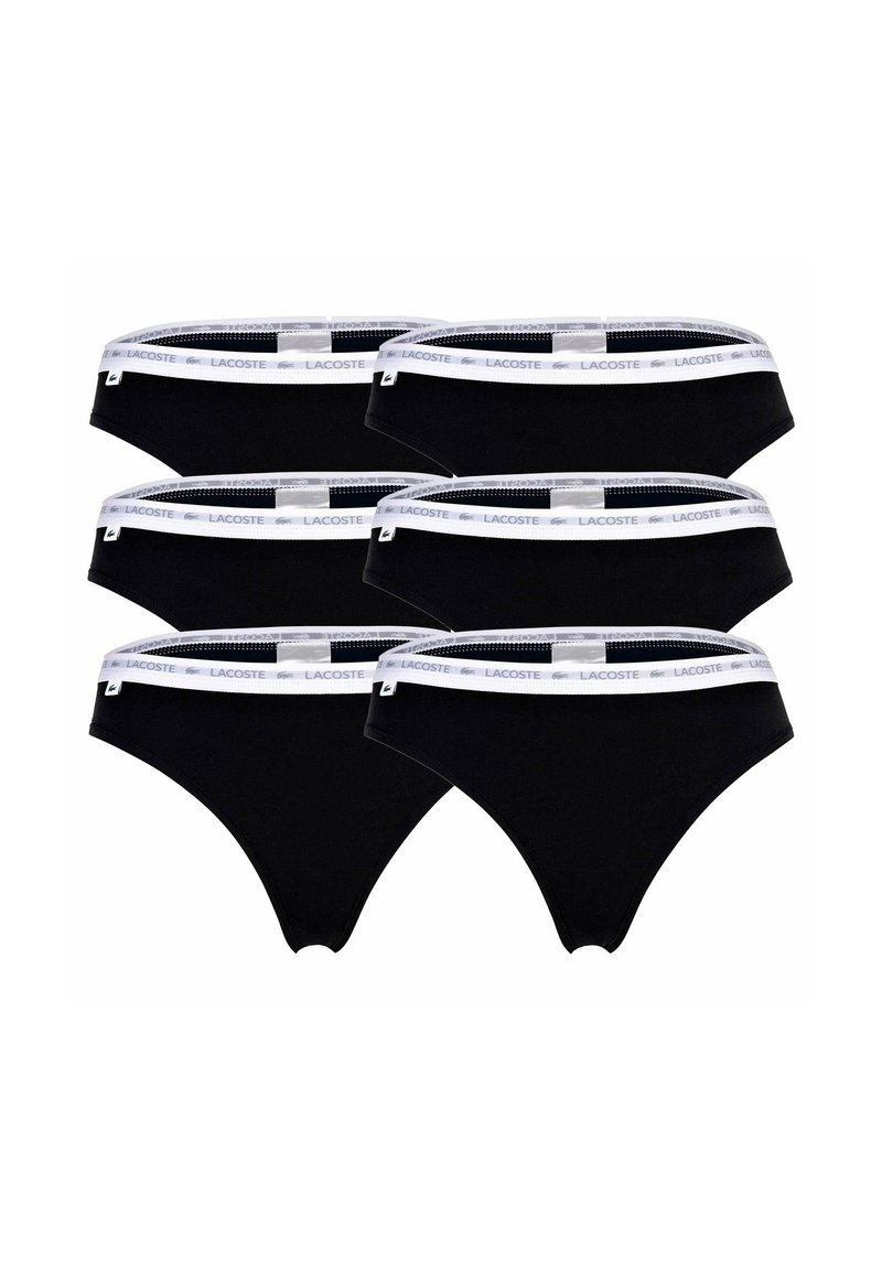 Schwarze Baumwollslips im Fünferpack, mit einem weißen elastischen Bund mit dem Lacoste-Logo und nahtlosen Kanten für hohen Komfort.