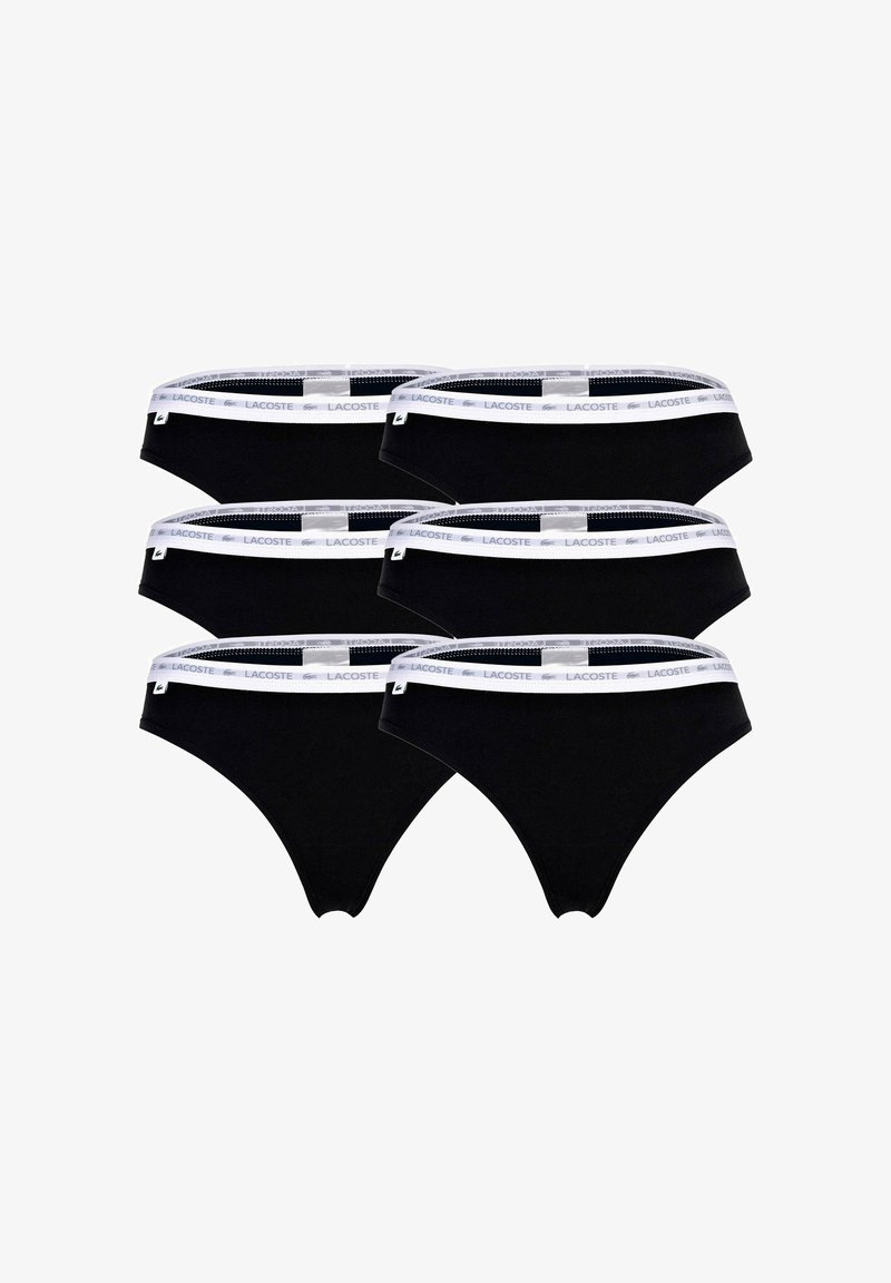 Schwarze Baumwollslips im Fünferpack, mit einem weißen elastischen Bund mit dem Lacoste-Logo und nahtlosen Kanten für hohen Komfort.