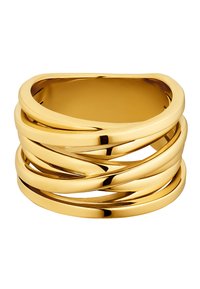 Goldring mit übereinander gestapelten, geschwungenen, ineinandergreifenden Bändern. Glatte, glänzende Oberfläche mit variierenden Breiten und einem anspruchsvollen, modernen Design.
