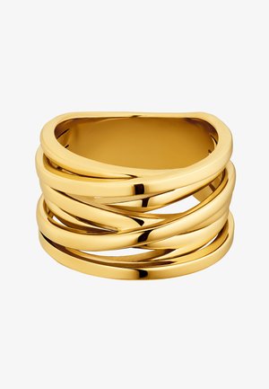 Goldring mit übereinander gestapelten, geschwungenen, ineinandergreifenden Bändern. Glatte, glänzende Oberfläche mit variierenden Breiten und einem anspruchsvollen, modernen Design.