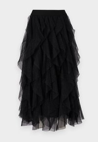 Jupe midi en tulle noire pailletée à couches avec un design volanté en cascade et une large ceinture élastique.