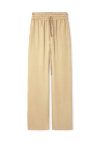 Beige wide-leg pants with an elastic waistband and drawstring. The fabric appears smooth with a subtle texture and no visible patterns.