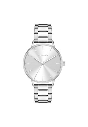 Silberner Metall-Armbanduhr mit rundem Gehäuse, minimalistischem Zifferblatt und schmalem Metallarmband, das gebürstete und polierte Abschnitte aufweist.