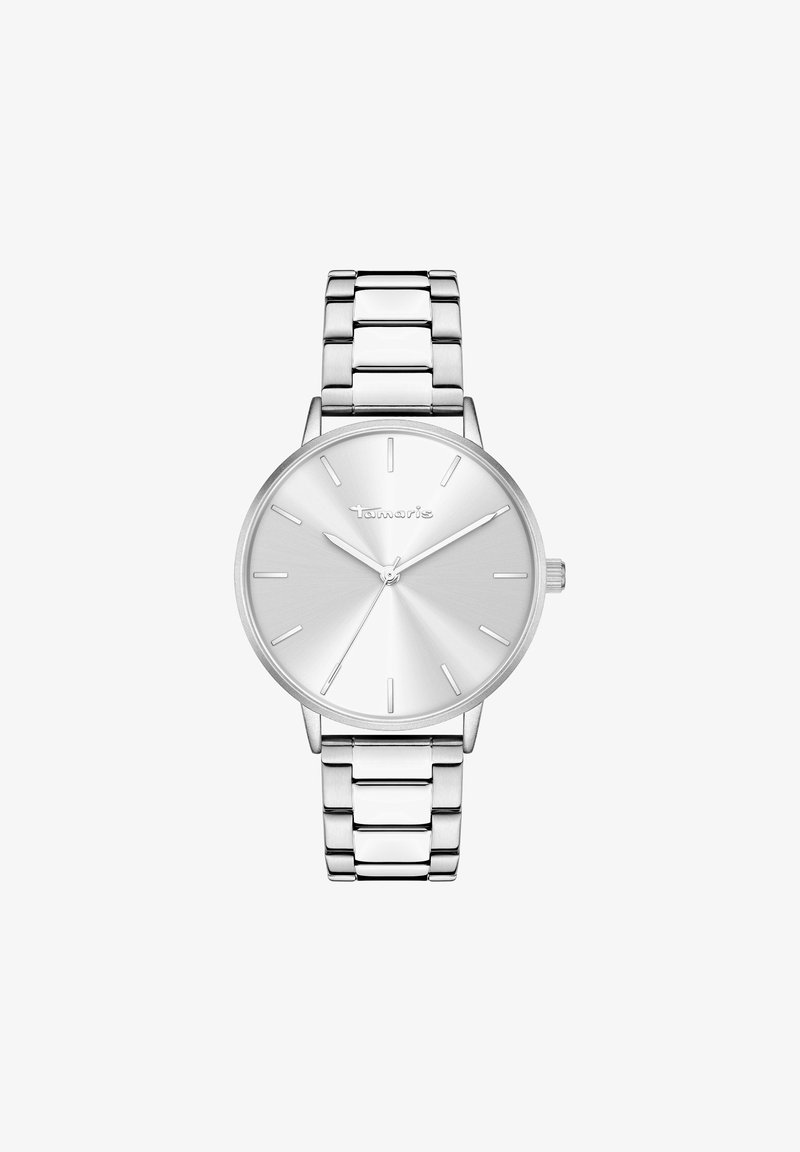 Silberner Metall-Armbanduhr mit rundem Gehäuse, minimalistischem Zifferblatt und schmalem Metallarmband, das gebürstete und polierte Abschnitte aufweist.