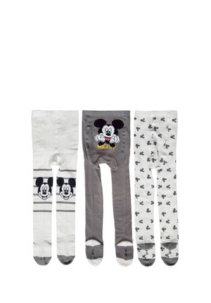 Drei Kinderstrumpfhosenpaare mit Mickey-Mouse-Motiven in Weiß und Grau, mit Gesichtsdarstellungen und wiederholten Kopfmustern.