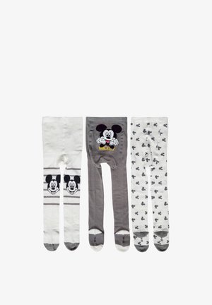 Three pairs of children's tights with Mickey Mouse designs in white and grey, featuring faces and repeated head patterns.