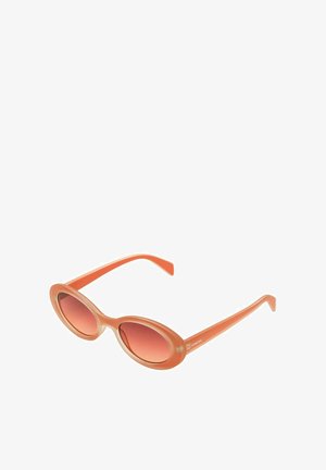 Lunettes de soleil ovales orange avec une finition brillante, verres teintés et branches fines. Présente un design de monture doux et arrondi.