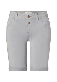 Light gray denim shorts with a mid-rise waist. Features two bronze buttons, rolled cuffs, and front pockets. Smooth texture.