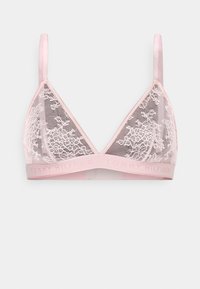 Bralette en dentelle rose avec des coussinets triangulaires, présentant un overlay en maille transparente et une bande élastique douce avec le logo "TOMMY HILFIGER" sur le bas.