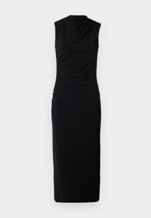 Svart uten erme kjole med høy hals, med rynker på siden, laget av et glatt, elastisk stoff, og en slim fit til anklene.