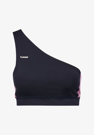 Zwarte sportbeha met één schouder, roze zijpanelen en een klein wit "hummel" logo aan de linkerborstzijde.