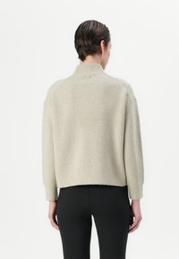 Maglione a coste grigio chiaro con colletto alto e spalle scese, presentato in un design cropped. Abbinato a pantaloni neri, mostrato di spalle.