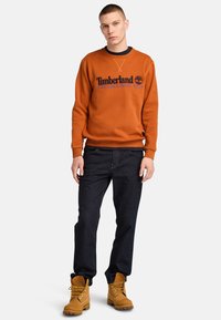 Felpa arancione con logo "Timberland" nero, dettagli blu, abbinata a jeans scuri e stivali gialli. Vestibilità strutturata, polsini zigrinati.