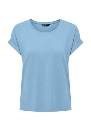 T-shirt azzurro chiaro a maniche corte con risvolti e scollo rotondo, etichettato "ONLY" all'interno del colletto.