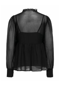 Blouse noire transparente à manches longues avec col volanté, taille froncée et poignets smockés, vue de dos.