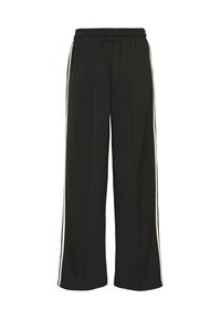 I pantaloni neri a gamba larga presentano una vita elastica, pieghe verticali e strisce laterali a contrasto. Realizzati in tessuto morbido, offrono comfort.