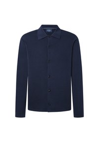 Giacca in maglia blu navy con colletto, chiusura frontale con bottoni e maniche lunghe. Realizzata in un tessuto morbido e testurizzato.