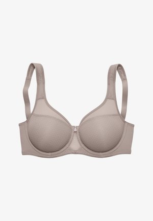 Beige full-coverage bra with adjustable shoulder straps, lightly textured cups, and underwire for support, displayed against a white background.