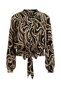 Kort blus i svart och beige med svängande mönster, långa puffärmar, knäppning fram och knytning vid midjan. Slät tygtextur.