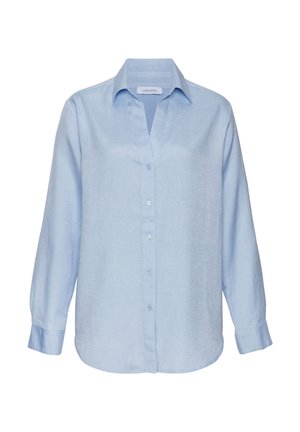 Helles blaues Langarmshirt aus strukturiertem Stoff, mit V-Ausschnitt, Knopfleiste und abgerundetem Saum. Mit der Marke "LASCANA" versehen.