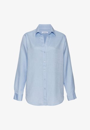 Helles blaues Langarmshirt aus strukturiertem Stoff, mit V-Ausschnitt, Knopfleiste und abgerundetem Saum. Mit der Marke "LASCANA" versehen.