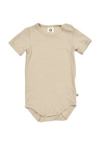 Beige žebrovaný bodysuit s krátkým rukávem a patentkami na rameni a na dně. Měkká látka s jemnou texturou a čistými liniemi.