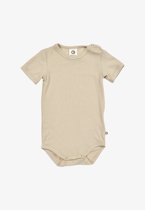 Beige geribbeld body met korte mouwen en drukknoopsluiting bij de schouder en onderkant. Zachte stof met een subtiele textuur en strakke lijnen.