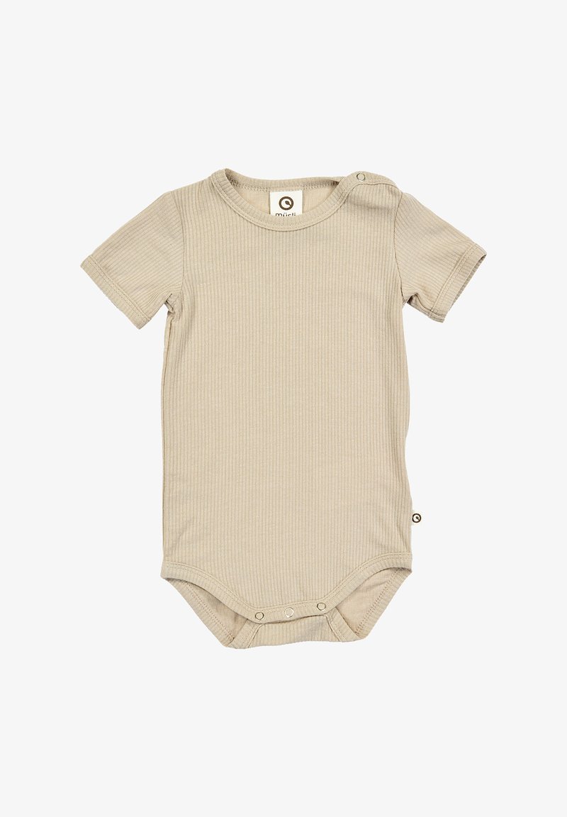 Beiger, gerippter Kurzarm-Body mit Druckknopfverschluss an Schulter und Boden. Sanfter Stoff mit subtiler Textur und klaren Linien.