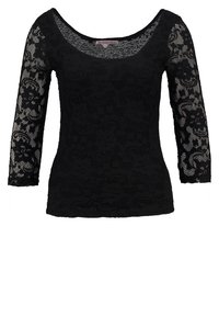 Svart spetsblus med trekvartslånga ärmar, prydd med ett blommönster och en rundad halsringning, tillverkad av ett texturerat, lättviktigt tyg.