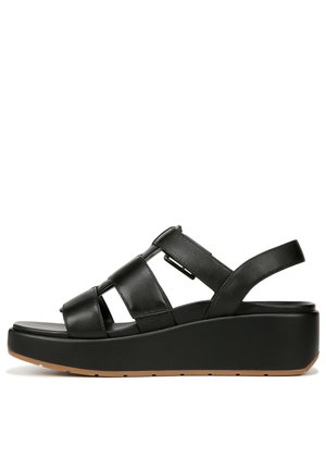 Black wedge sandals featuring three wide straps, made of textured synthetic material, with a grooved sole and slight heel elevation.