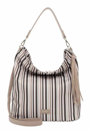 Bolso de mano con rayas verticales en beige, marrón y blanco, con correa de hombro desmontable, asa superior y detalle largo de borla beige.