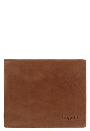 Portefeuille en cuir marron avec une surface texturée, design pliant à deux volets et une marque discrète dans le coin inférieur droit. Ne contient aucun matériel visible.