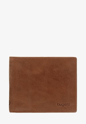 Braune Lederbörse mit strukturierter Oberfläche, im Z-Faltung-Design und dezentem Branding in der unteren rechten Ecke. Enthält keine sichtbaren Beschläge.