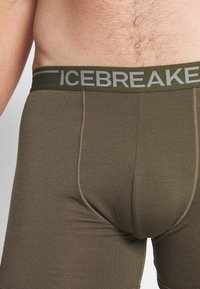 Olīvu zaļas bokseru apakšbikses ar pelēku "ICEBREAKER" zīmolu jostu. Gluda auduma, cieši pieguļošs modelis ar bezšuvju konstrukciju.