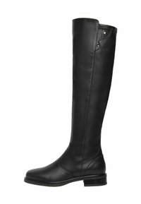 Bottes en cuir noires à hauteur de genoux avec une texture lisse, un bout rond, un petit talon carré et des coutures discrètes, présentant un détail à pression en haut.