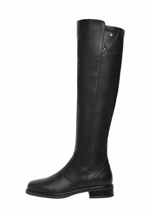 Bottes en cuir noires à hauteur de genoux avec une texture lisse, un bout rond, un petit talon carré et des coutures discrètes, présentant un détail à pression en haut.