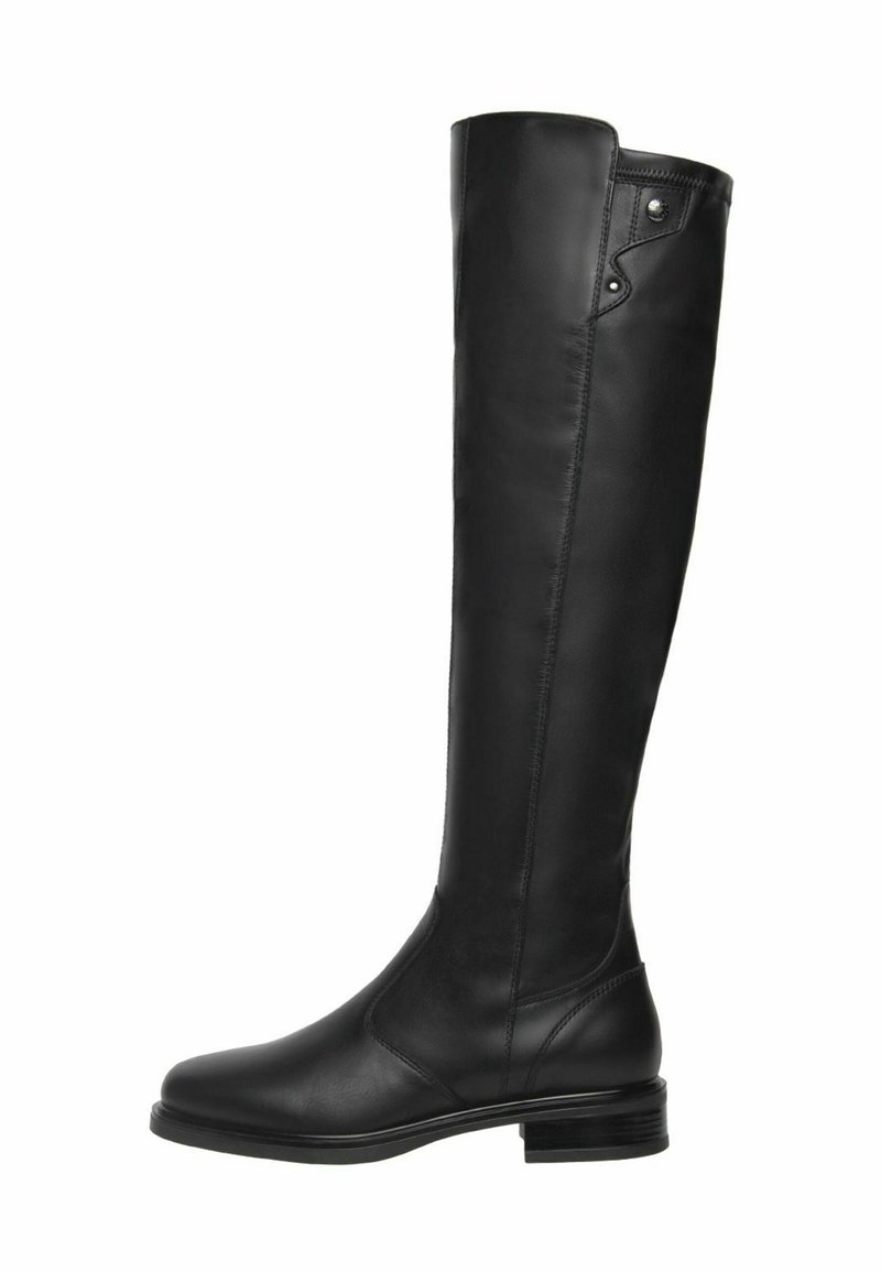 Bottes en cuir noires à hauteur de genoux avec une texture lisse, un bout rond, un petit talon carré et des coutures discrètes, présentant un détail à pression en haut.