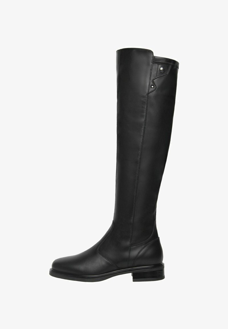 Bottes en cuir noires à hauteur de genoux avec une texture lisse, un bout rond, un petit talon carré et des coutures discrètes, présentant un détail à pression en haut.