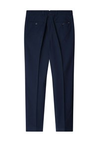 Pantalons bleu marine en coton. Dotés de deux poches arrière avec boutons, d'une coupe droite et de plis subtils pour la structure.