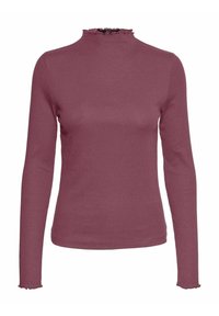 Rippstrick-Oberteil mit langen Ärmeln in staubigem Rosé, mit einem Stehkragen und Rüschendetails am Kragen und den Manschetten. Figurbetonte Silhouette.