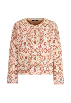 Giacca a maniche lunghe con bottoni, caratterizzata da intricati motivi floreali e geometrici in rosso e arancione su uno sfondo crema.