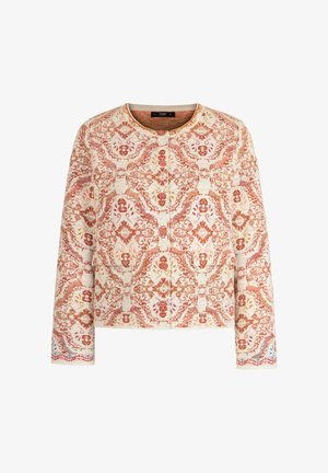 Knopfbesetzte Langarmjacke mit komplexen roten und orangefarbenen Blumen- und geometrischen Mustern auf cremefarbenem Hintergrund.