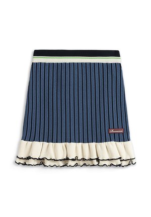 Blue and black vertical striped skirt with white ruffled hem edged in black, ribbed waistband with white and green stripes, and small "Romance" label.