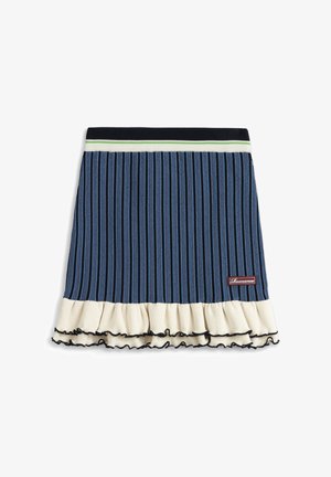 Niebiesko-czarna spódnica w pionowe paski z białym falbankowym dołem obszytym na czarno, prążkowany pas w biało-zielone paski oraz mała metka z napisem „Romance”.