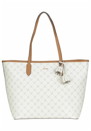 Borsa tote bianca con manici in pelle beige, caratterizzata da un delicato motivo floreale. Include delle frange decorative e un logo sul davanti.